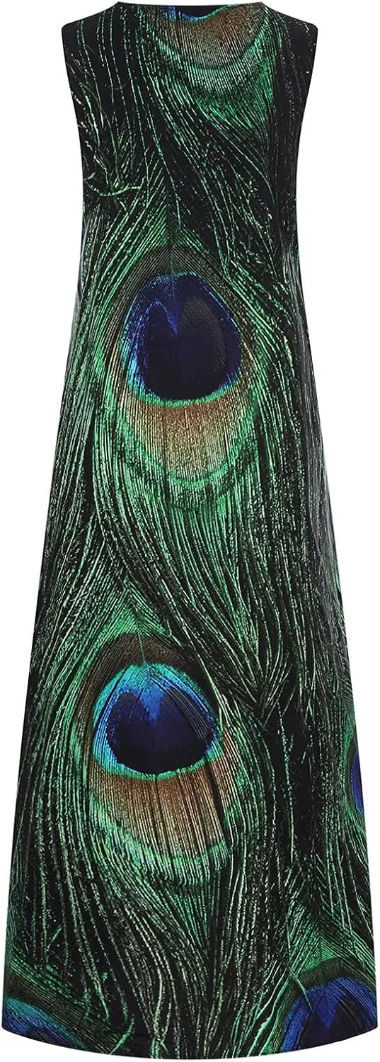 Summer Dresses for Women 2024 Casual Loose Sundress Sleeveless Floral Print Maxi Dresses V Neck Beach Dress