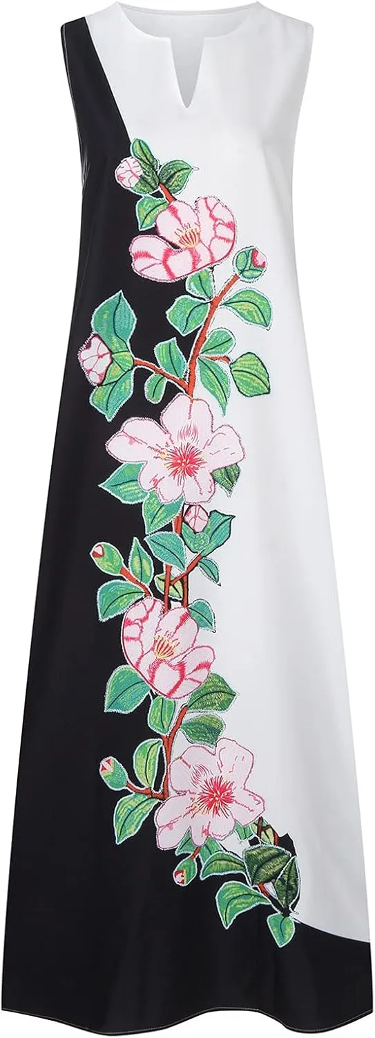 Summer Dresses for Women 2024 Casual Loose Sundress Sleeveless Floral Print Maxi Dresses V Neck Beach Dress