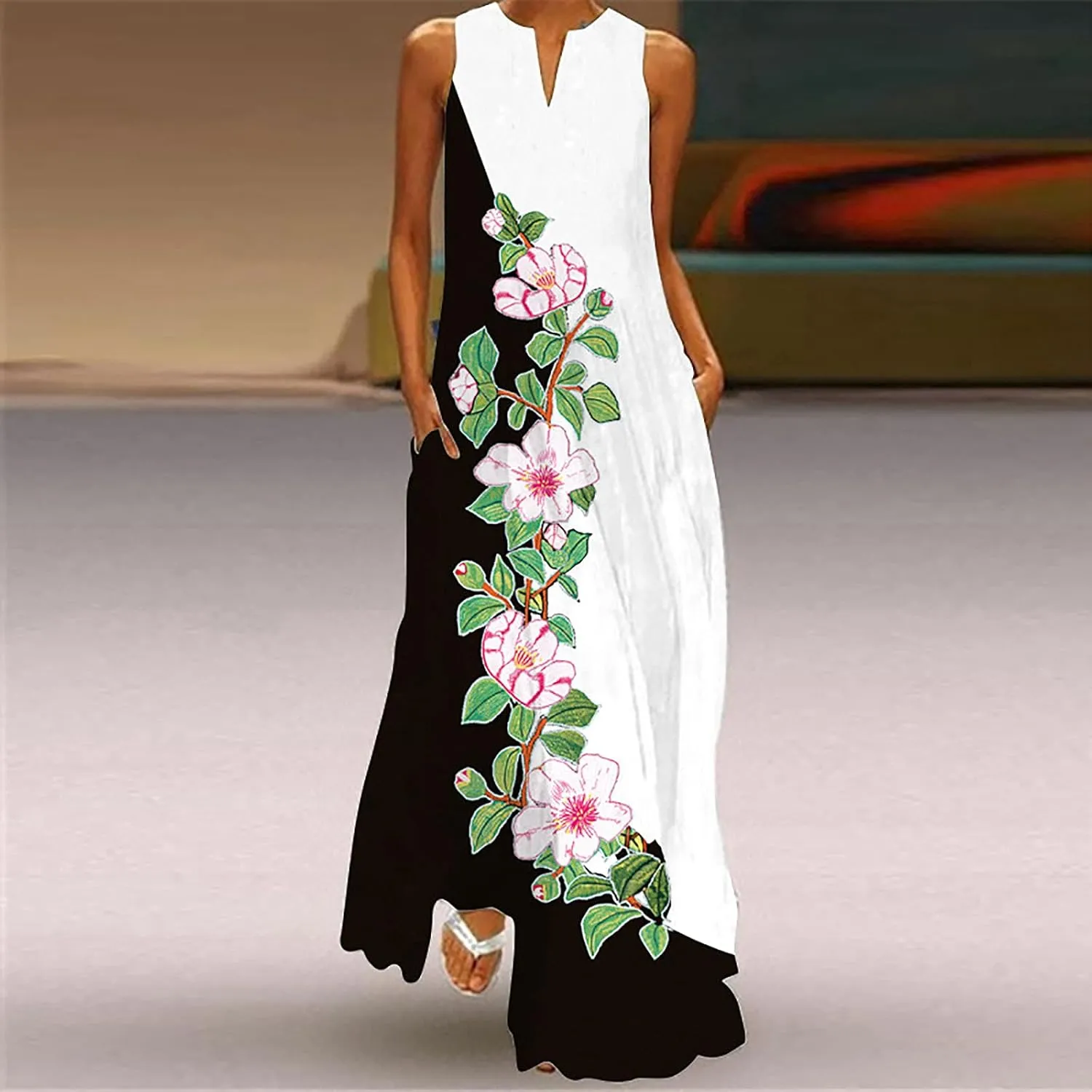 Summer Dresses for Women 2024 Casual Loose Sundress Sleeveless Floral Print Maxi Dresses V Neck Beach Dress