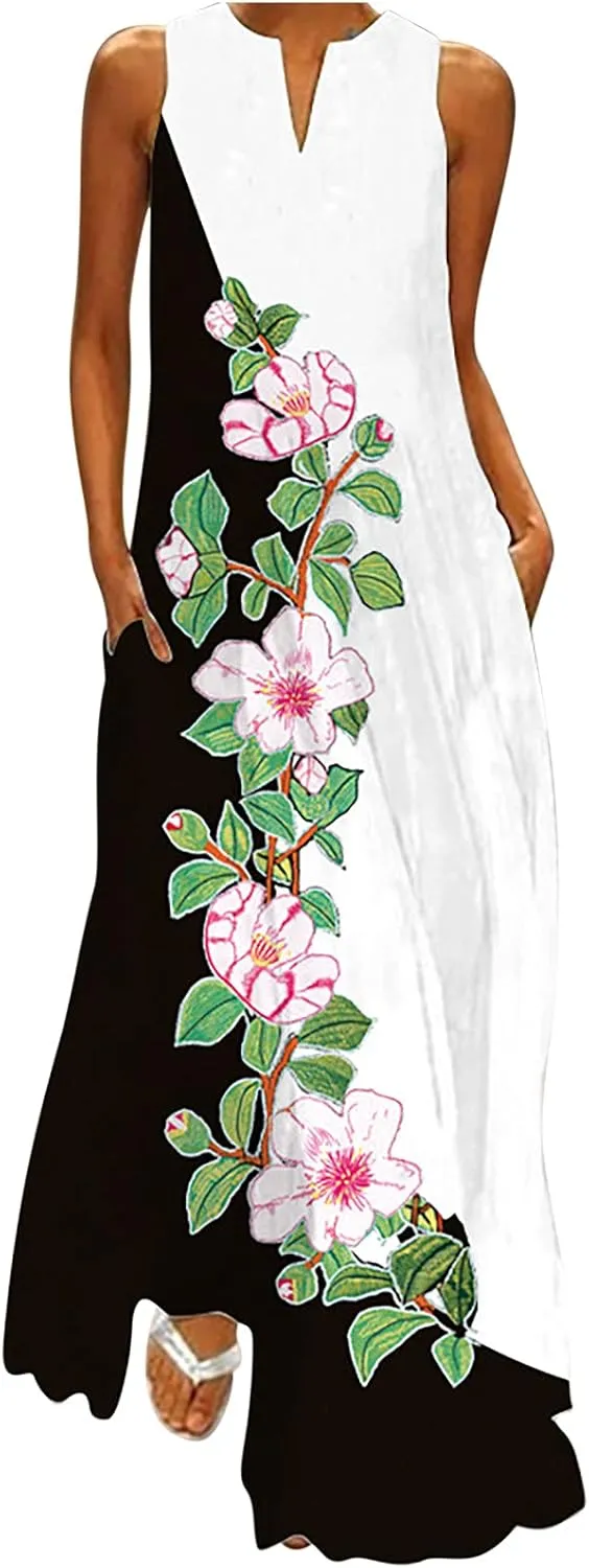 Summer Dresses for Women 2024 Casual Loose Sundress Sleeveless Floral Print Maxi Dresses V Neck Beach Dress