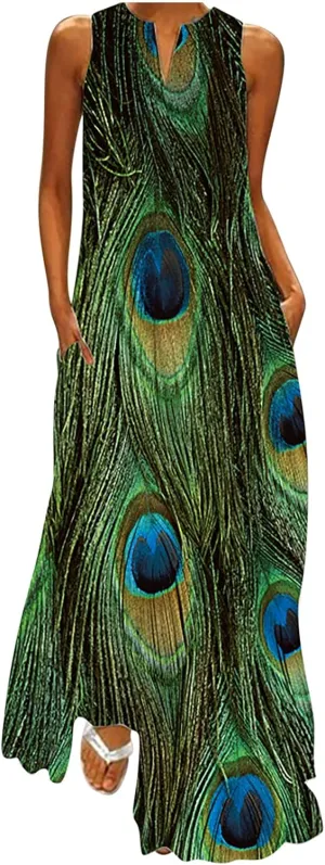 Summer Dresses for Women 2024 Casual Loose Sundress Sleeveless Floral Print Maxi Dresses V Neck Beach Dress