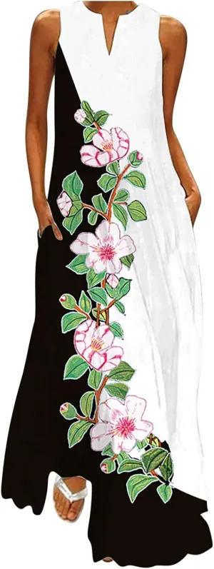 Summer Dresses for Women 2024 Casual Loose Sundress Sleeveless Floral Print Maxi Dresses V Neck Beach Dress