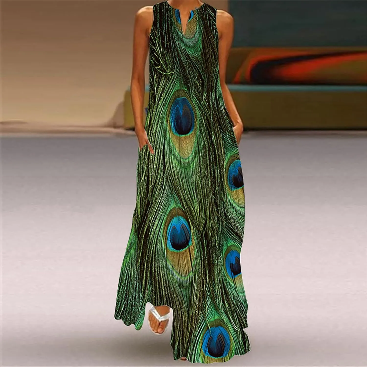 Summer Dresses for Women 2024 Casual Loose Sundress Sleeveless Floral Print Maxi Dresses V Neck Beach Dress