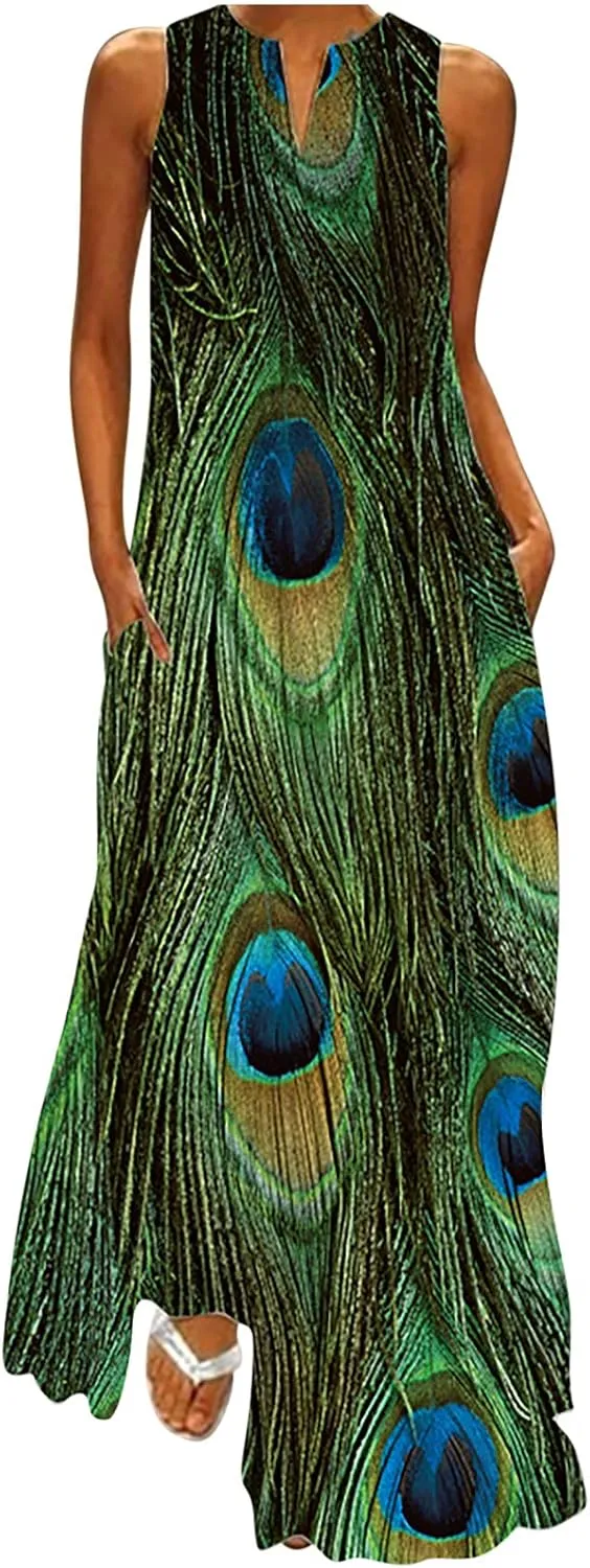 Summer Dresses for Women 2024 Casual Loose Sundress Sleeveless Floral Print Maxi Dresses V Neck Beach Dress
