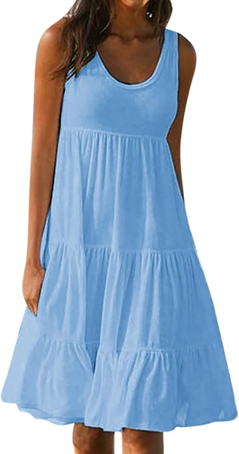 Summer Dresses for Women 2024 Hawaiian Tropical Dress Loose Tiered Beach Sundresses Casual Solid Crew Neck Clothing