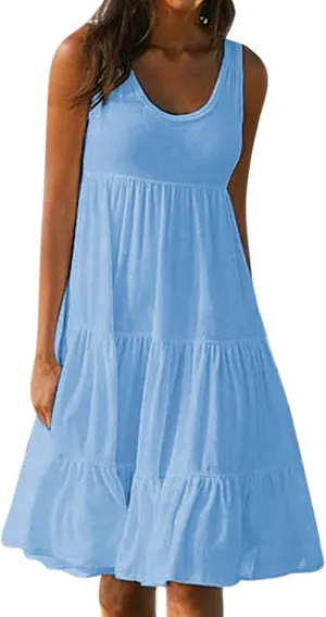 Summer Dresses for Women 2024 Hawaiian Tropical Dress Loose Tiered Beach Sundresses Casual Solid Crew Neck Clothing