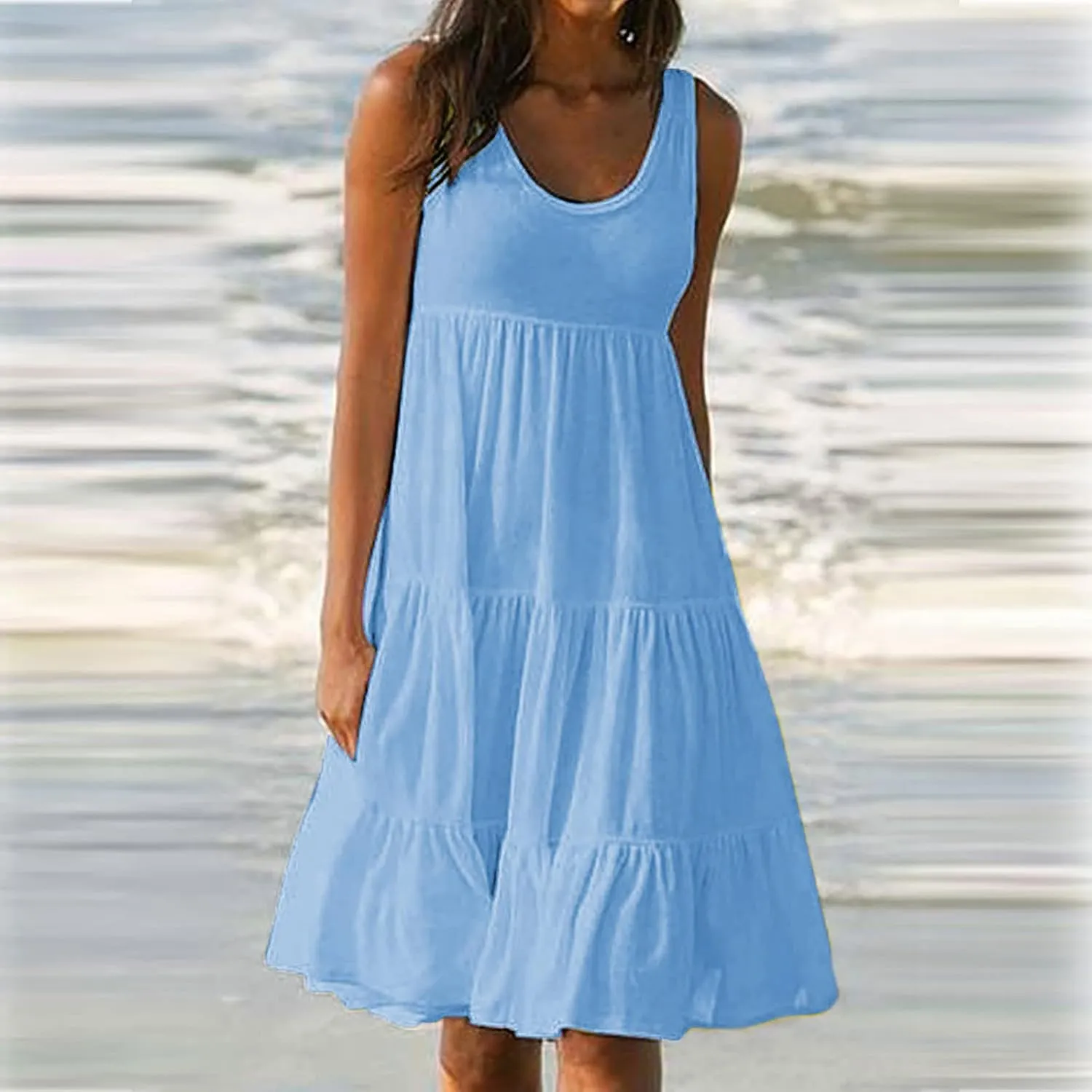 Summer Dresses for Women 2024 Hawaiian Tropical Dress Loose Tiered Beach Sundresses Casual Solid Crew Neck Clothing