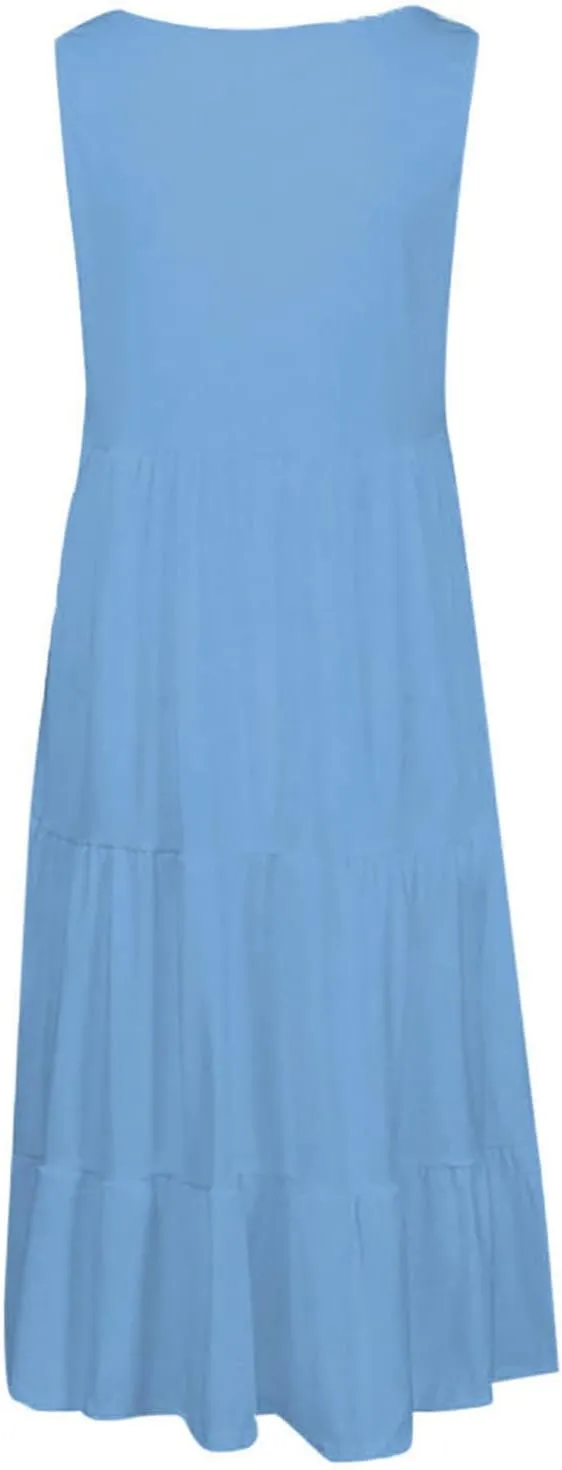 Summer Dresses for Women 2024 Hawaiian Tropical Dress Loose Tiered Beach Sundresses Casual Solid Crew Neck Clothing
