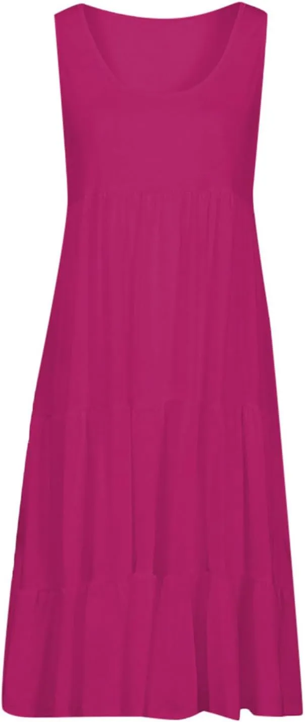 Summer Dresses for Women 2024 Hawaiian Tropical Dress Loose Tiered Beach Sundresses Casual Solid Crew Neck Clothing
