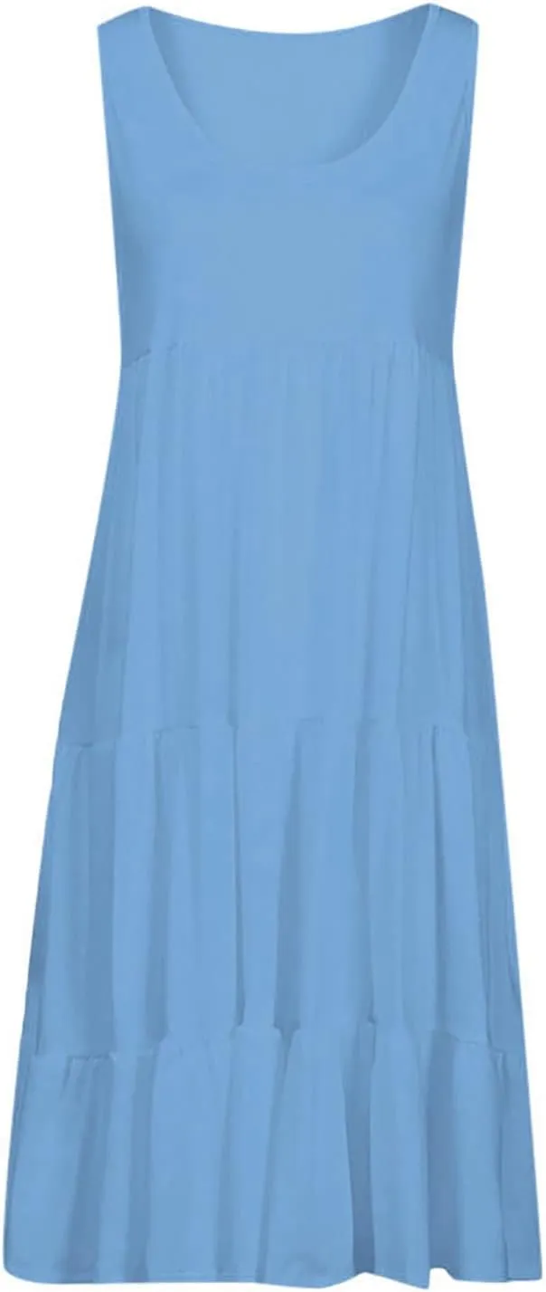Summer Dresses for Women 2024 Hawaiian Tropical Dress Loose Tiered Beach Sundresses Casual Solid Crew Neck Clothing