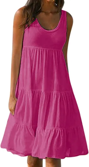 Summer Dresses for Women 2024 Hawaiian Tropical Dress Loose Tiered Beach Sundresses Casual Solid Crew Neck Clothing