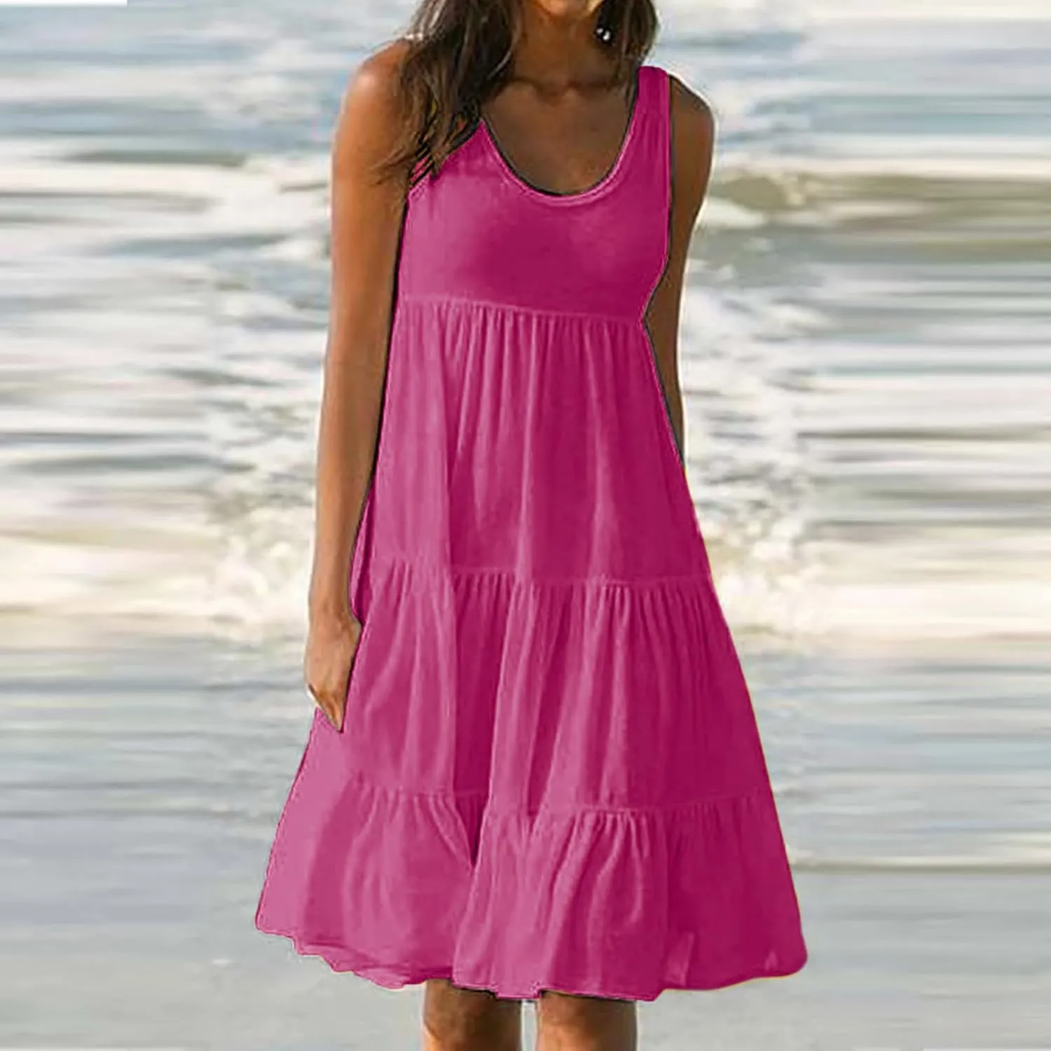 Summer Dresses for Women 2024 Hawaiian Tropical Dress Loose Tiered Beach Sundresses Casual Solid Crew Neck Clothing