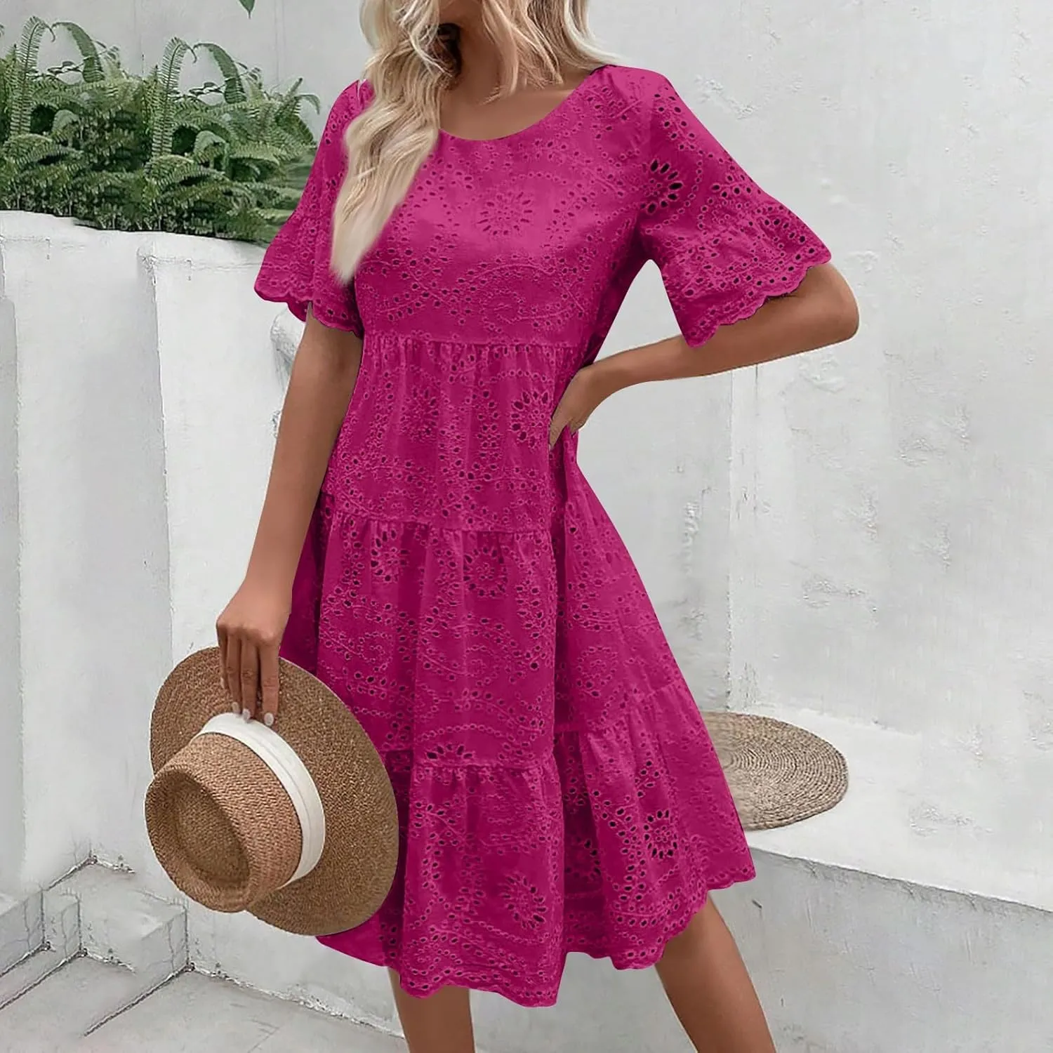 Summer Dresses for Women 2024 Round Neck Short Sleeve Skirt Embroidered Lace Hollow Out Dress Casual Clothes
