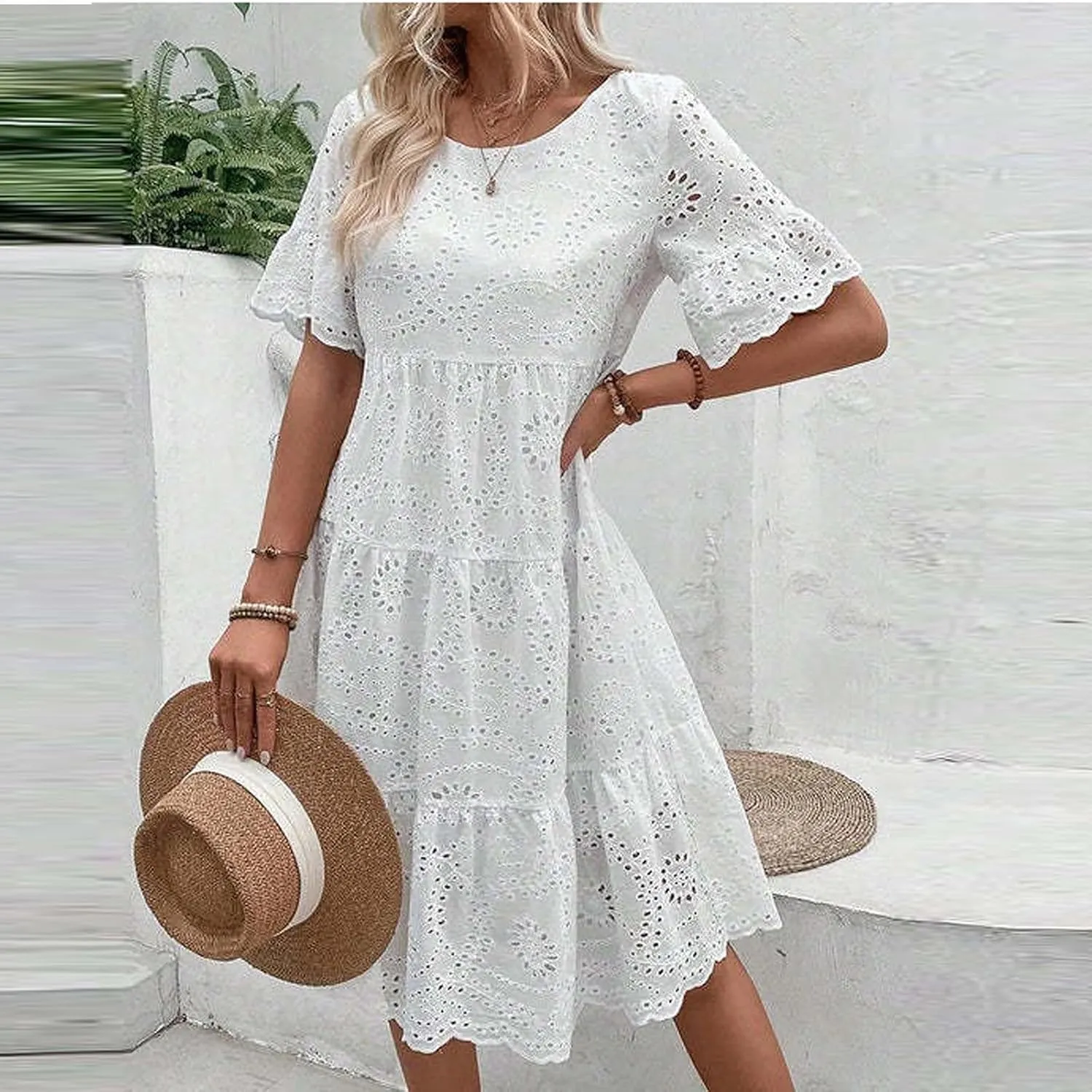 Summer Dresses for Women 2024 Round Neck Short Sleeve Skirt Embroidered Lace Hollow Out Dress Casual Clothes