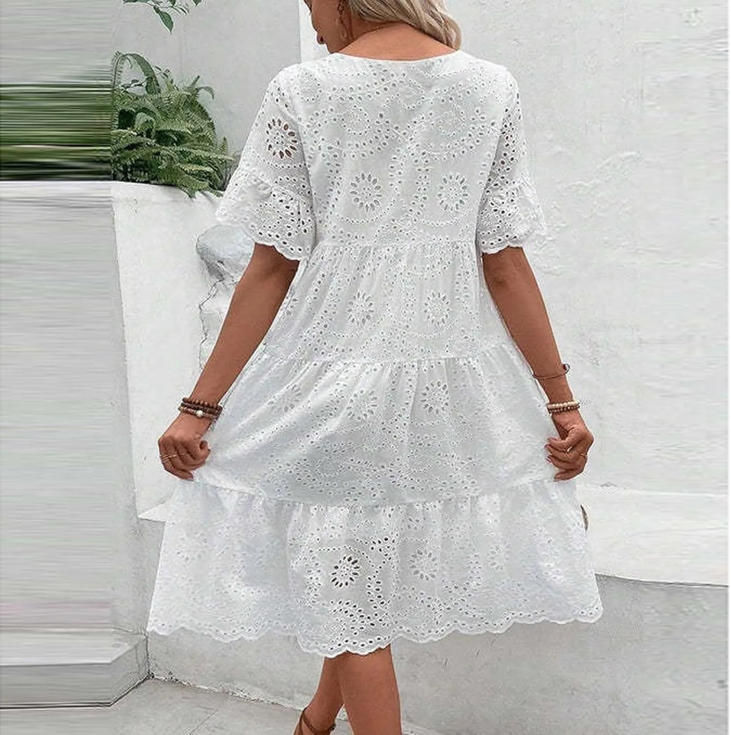 Summer Dresses for Women 2024 Round Neck Short Sleeve Skirt Embroidered Lace Hollow Out Dress Casual Clothes