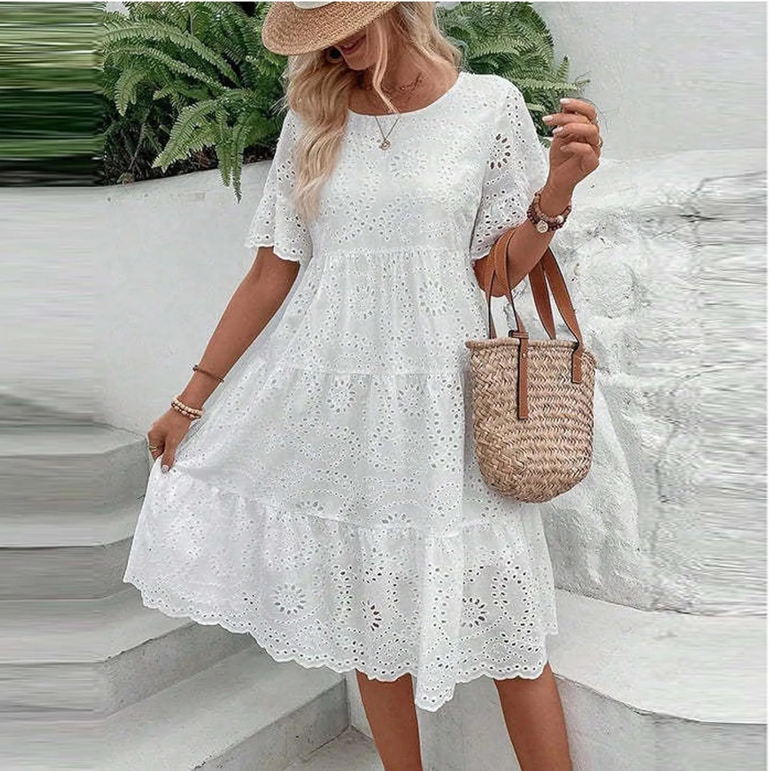 Summer Dresses for Women 2024 Round Neck Short Sleeve Skirt Embroidered Lace Hollow Out Dress Casual Clothes