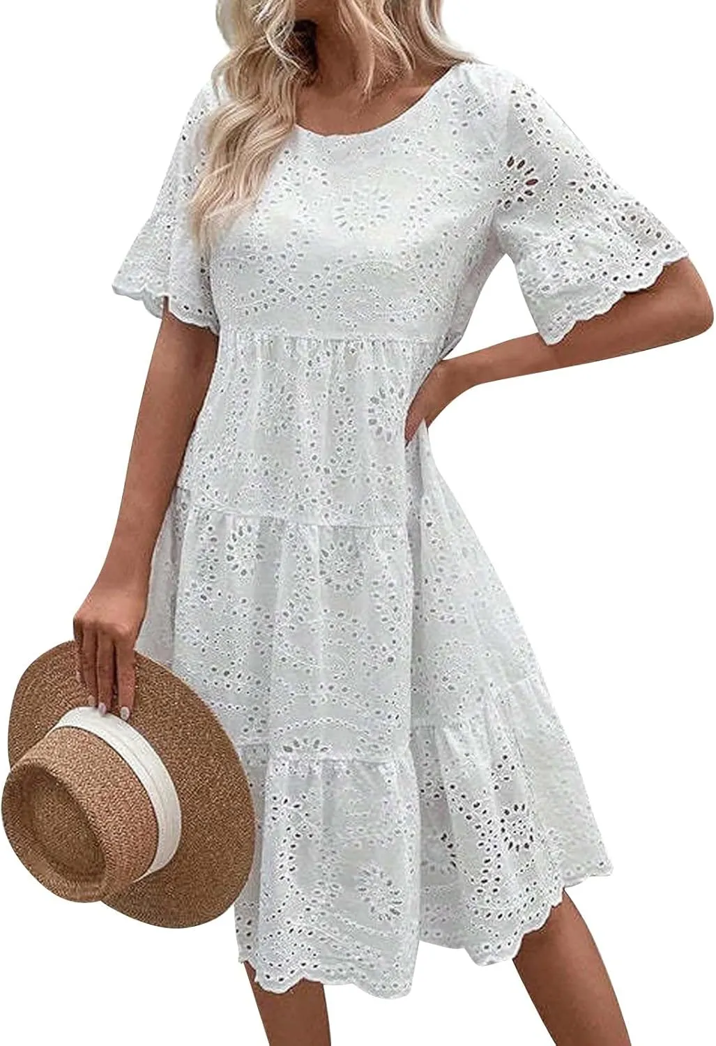 Summer Dresses for Women 2024 Round Neck Short Sleeve Skirt Embroidered Lace Hollow Out Dress Casual Clothes