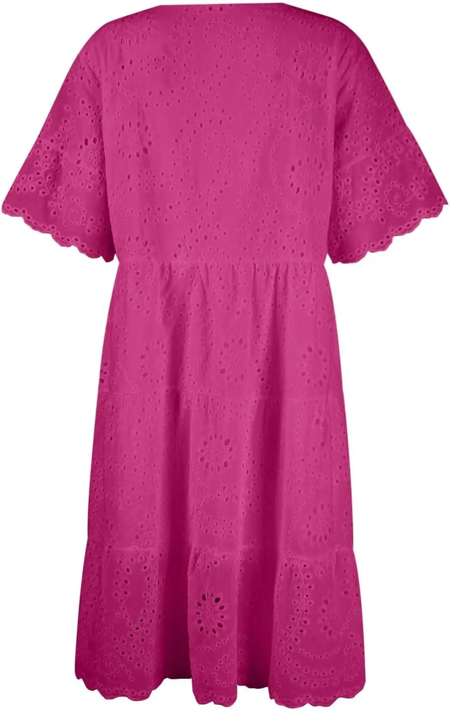 Summer Dresses for Women 2024 Round Neck Short Sleeve Skirt Embroidered Lace Hollow Out Dress Casual Clothes
