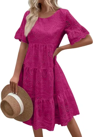 Summer Dresses for Women 2024 Round Neck Short Sleeve Skirt Embroidered Lace Hollow Out Dress Casual Clothes