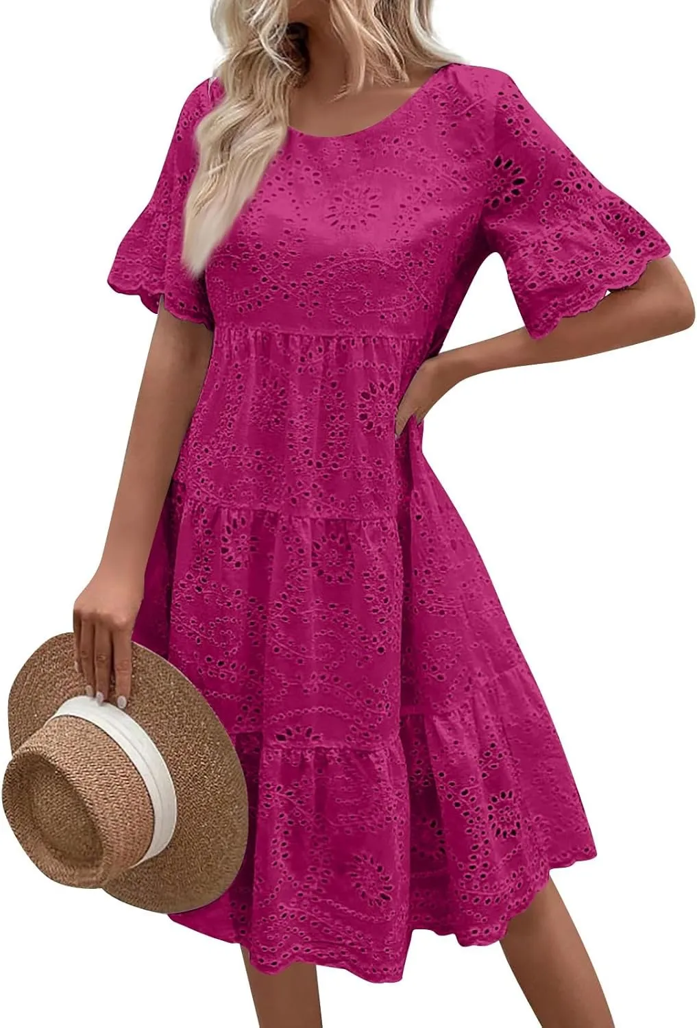 Summer Dresses for Women 2024 Round Neck Short Sleeve Skirt Embroidered Lace Hollow Out Dress Casual Clothes