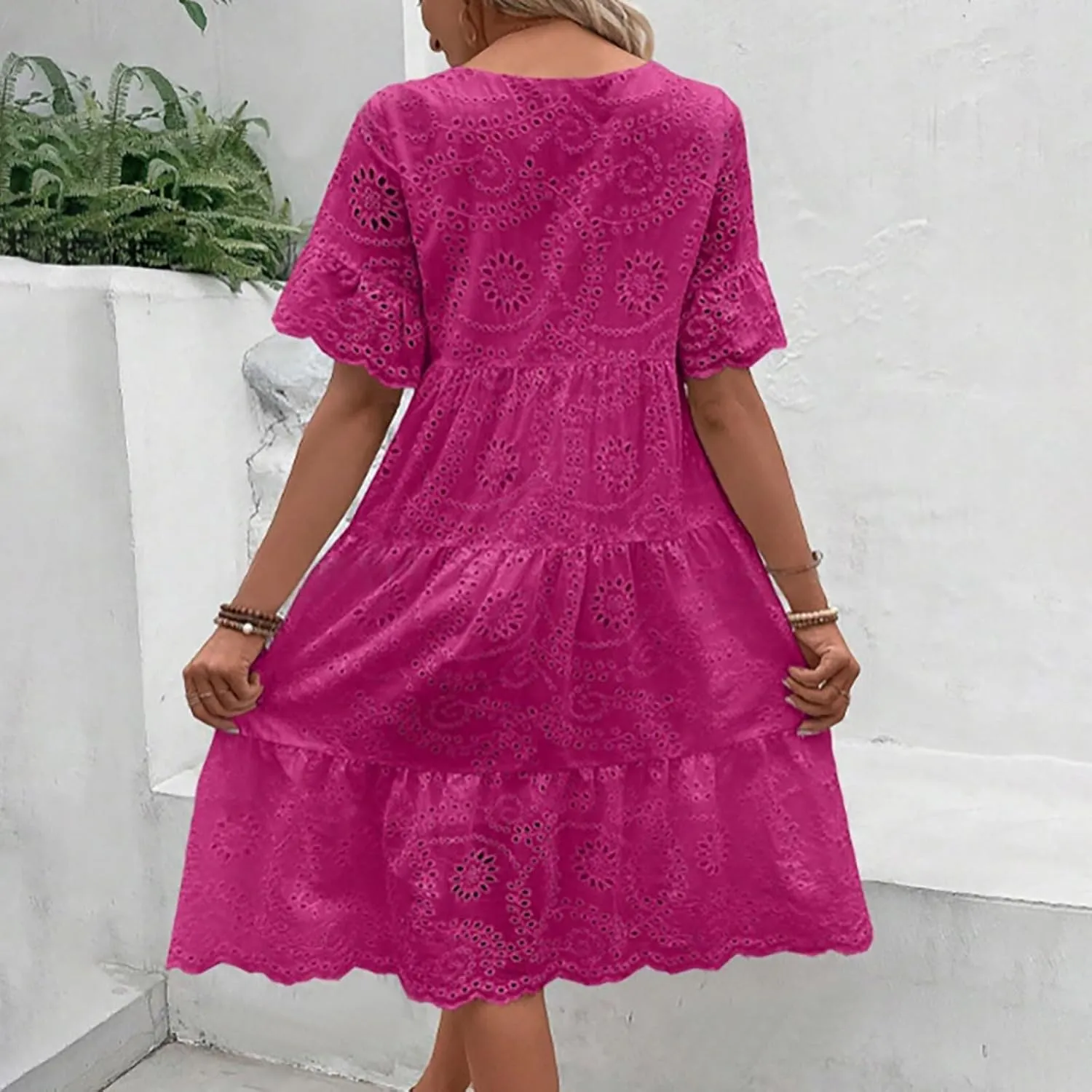 Summer Dresses for Women 2024 Round Neck Short Sleeve Skirt Embroidered Lace Hollow Out Dress Casual Clothes