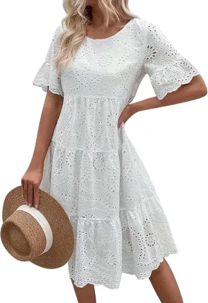Summer Dresses for Women 2024 Round Neck Short Sleeve Skirt Embroidered Lace Hollow Out Dress Casual Clothes