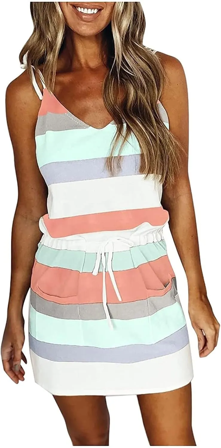 Summer Dresses for Women 2025 Causal Short Sleeve V Neck Sundresses Tie Front A-Line Dresses Beach Vacation Clothes