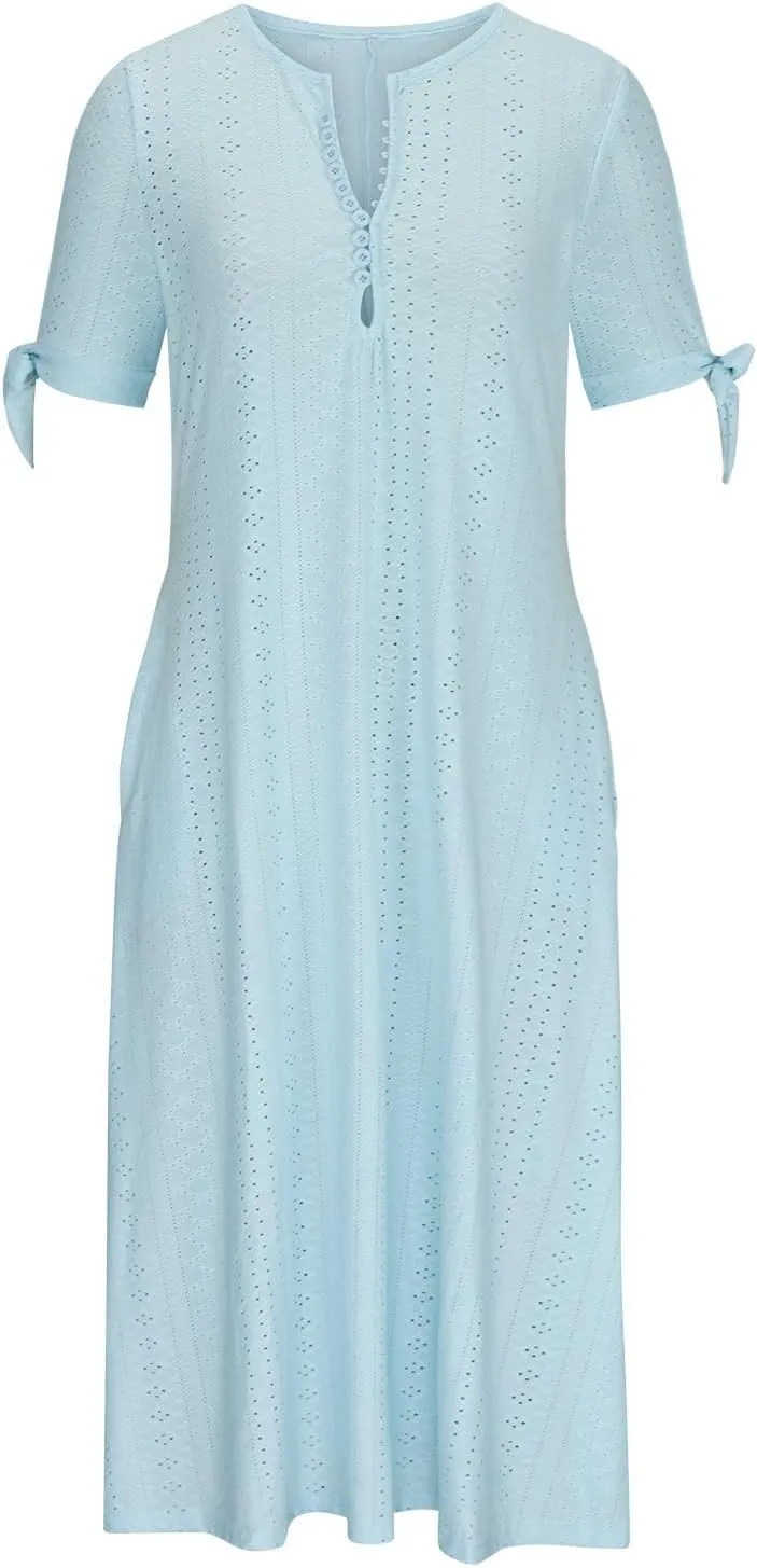 Summer Eyelet Dresses for Women 2025 Trendy Short Sleeve Long Maxi Dress Casual Button V Neck Beach Sundresses