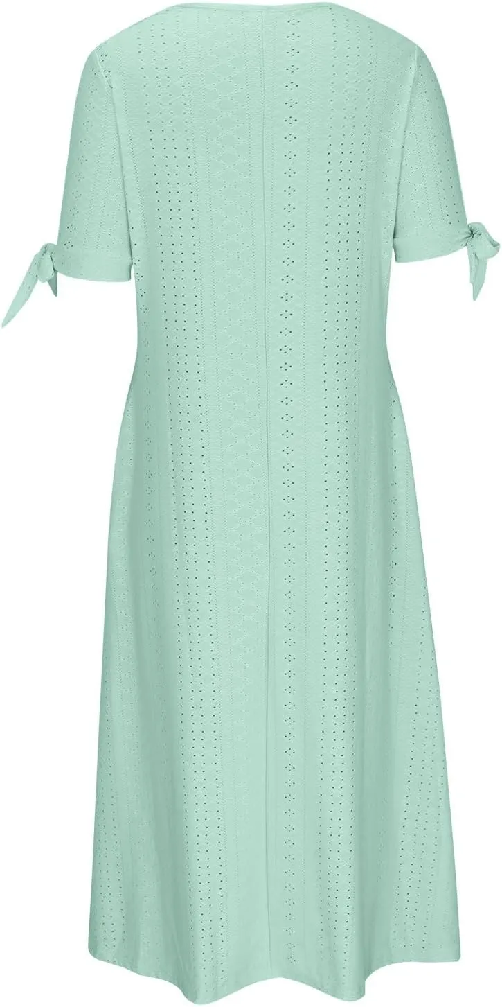 Summer Eyelet Dresses for Women 2025 Trendy Short Sleeve Long Maxi Dress Casual Button V Neck Beach Sundresses