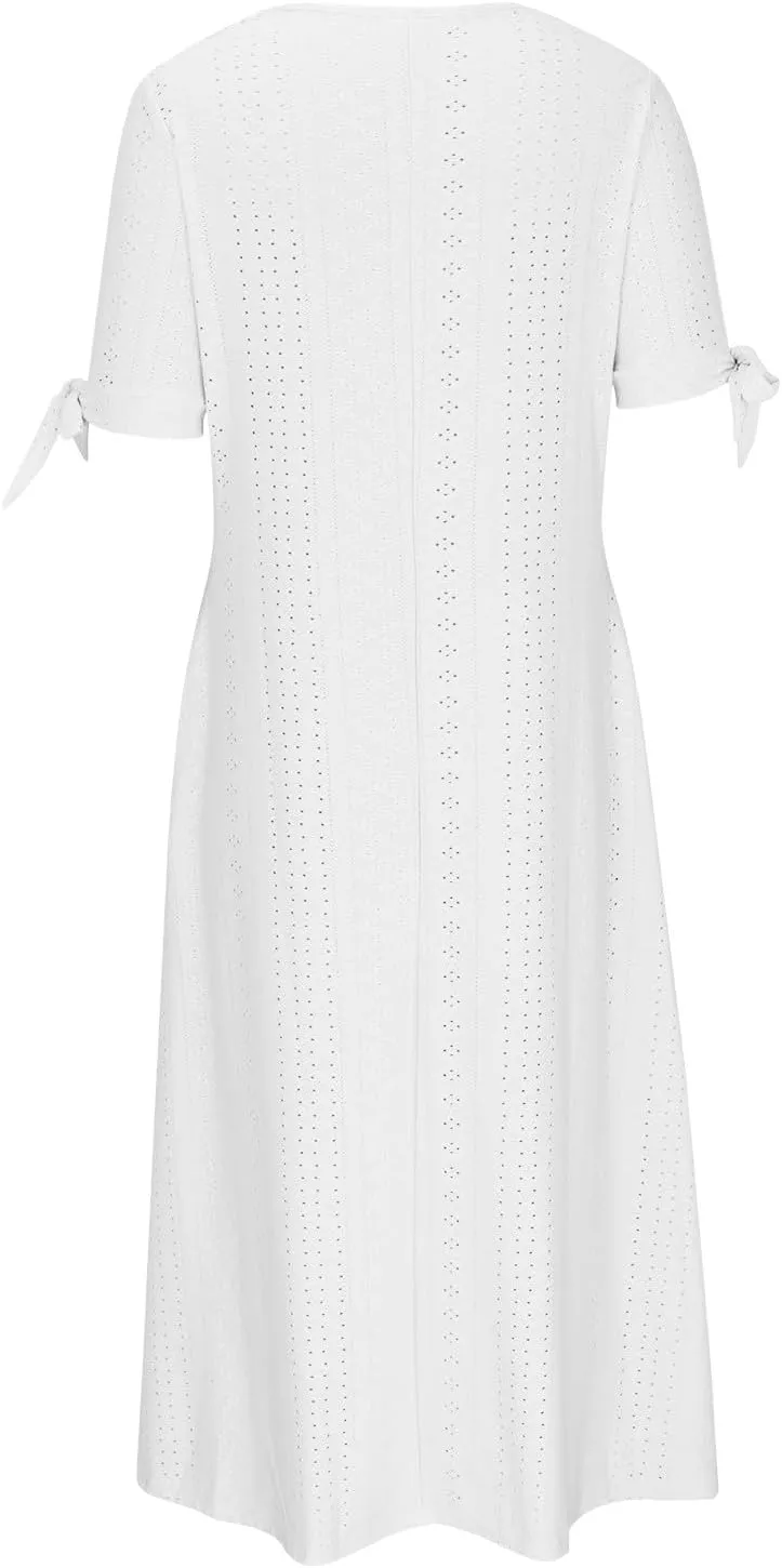 Summer Eyelet Dresses for Women 2025 Trendy Short Sleeve Long Maxi Dress Casual Button V Neck Beach Sundresses