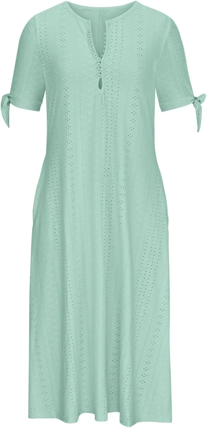 Summer Eyelet Dresses for Women 2025 Trendy Short Sleeve Long Maxi Dress Casual Button V Neck Beach Sundresses