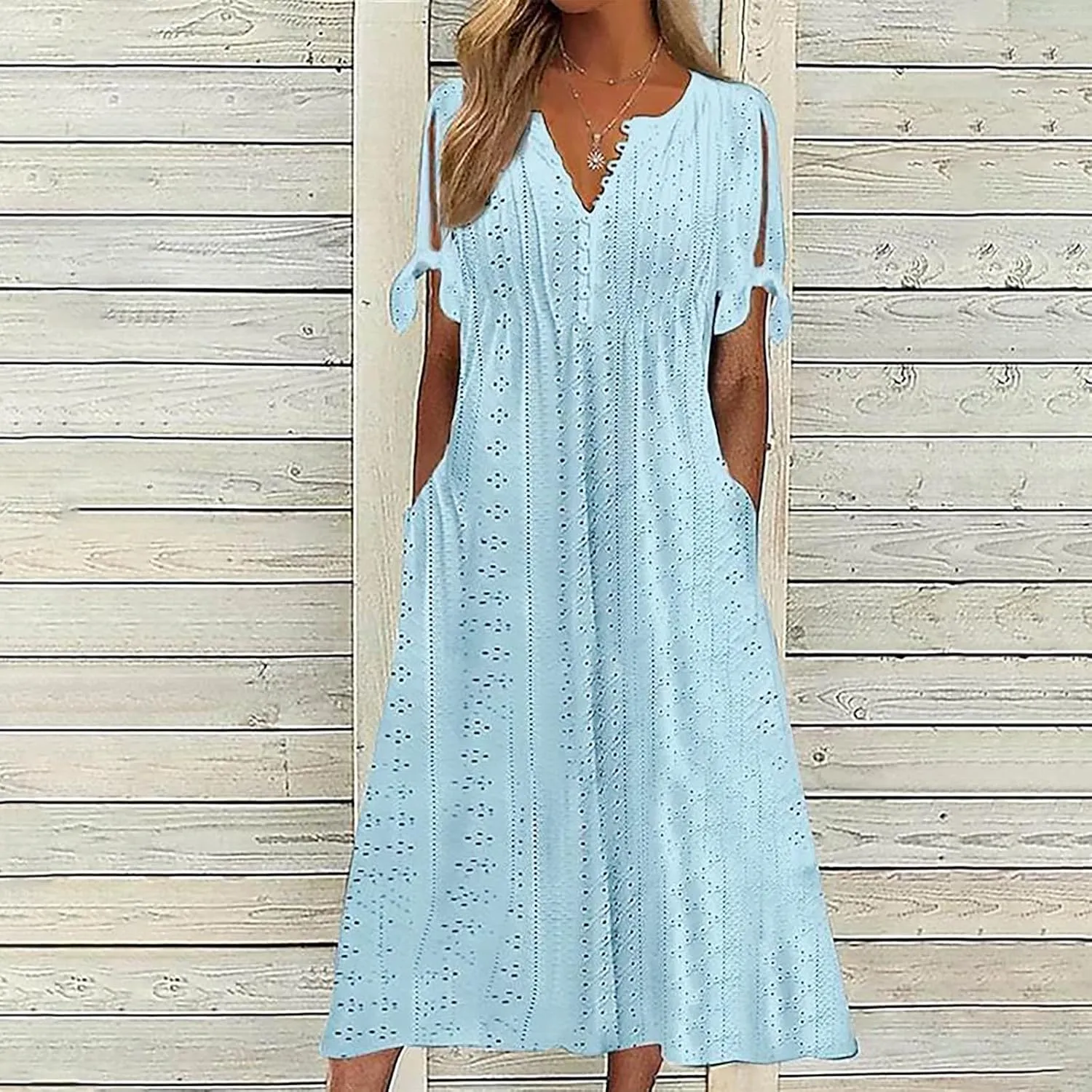 Summer Eyelet Dresses for Women 2025 Trendy Short Sleeve Long Maxi Dress Casual Button V Neck Beach Sundresses