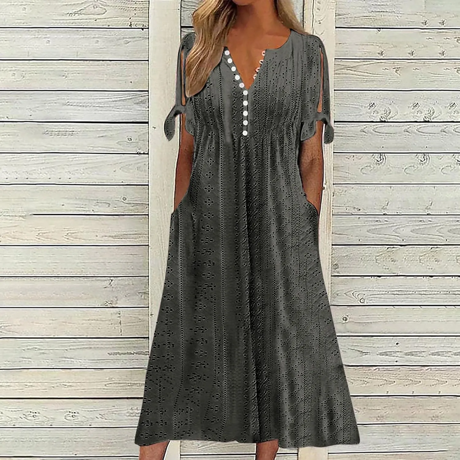 Summer Eyelet Dresses for Women 2025 Trendy Short Sleeve Long Maxi Dress Casual Button V Neck Beach Sundresses