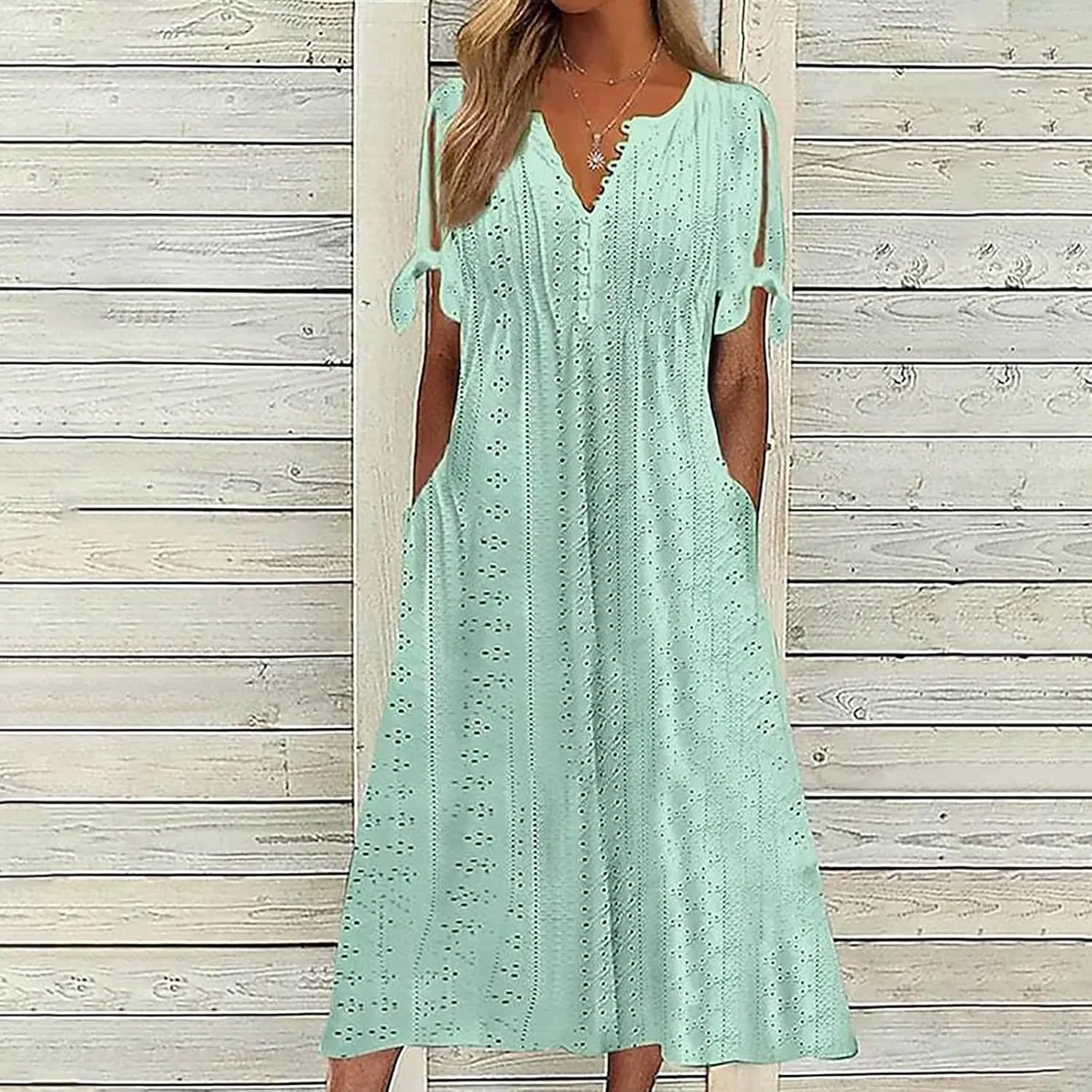 Summer Eyelet Dresses for Women 2025 Trendy Short Sleeve Long Maxi Dress Casual Button V Neck Beach Sundresses