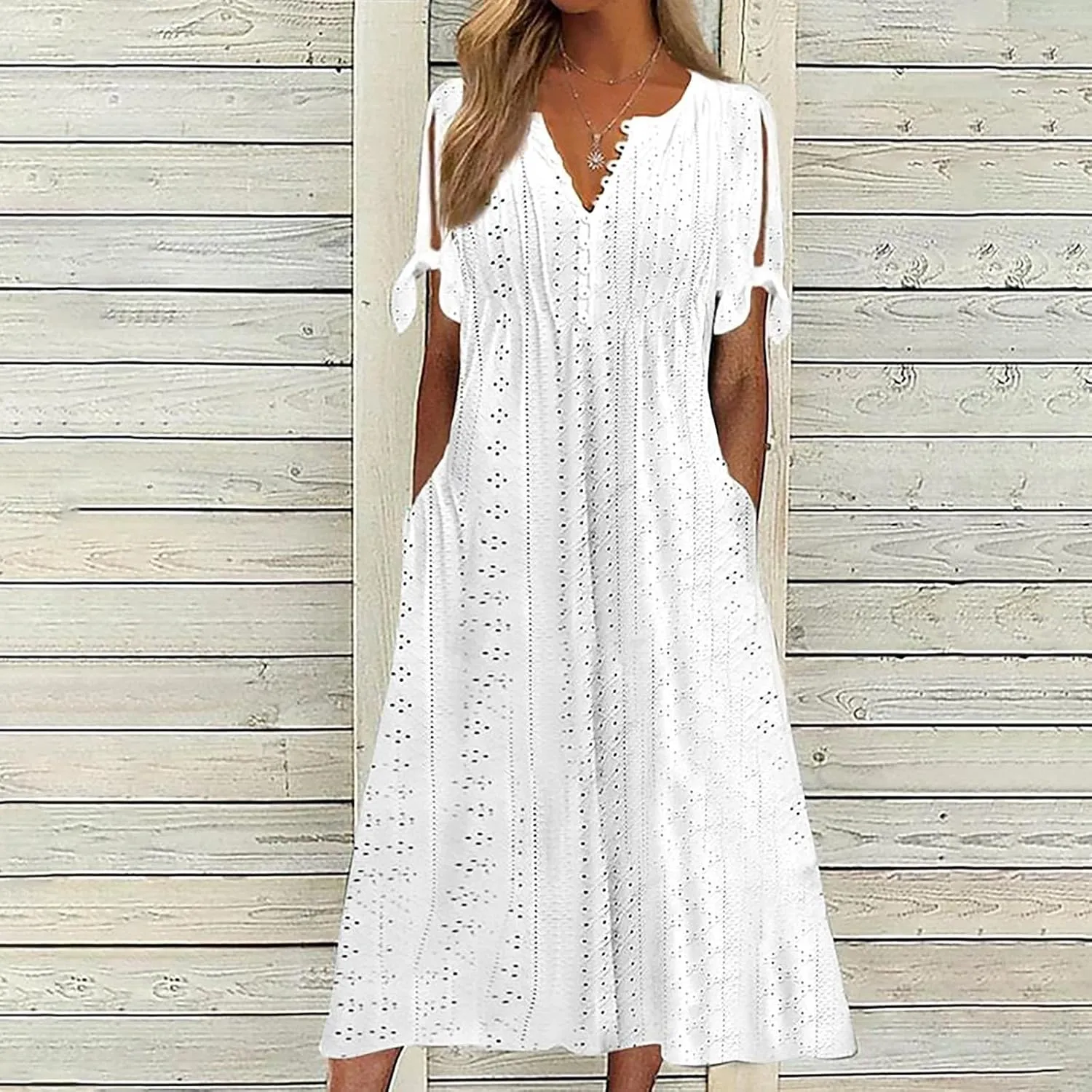 Summer Eyelet Dresses for Women 2025 Trendy Short Sleeve Long Maxi Dress Casual Button V Neck Beach Sundresses