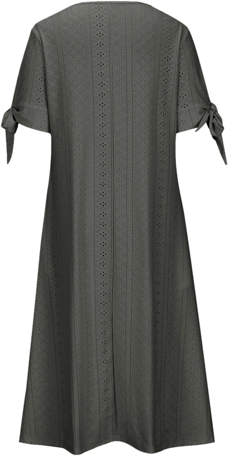 Summer Eyelet Dresses for Women 2025 Trendy Short Sleeve Long Maxi Dress Casual Button V Neck Beach Sundresses