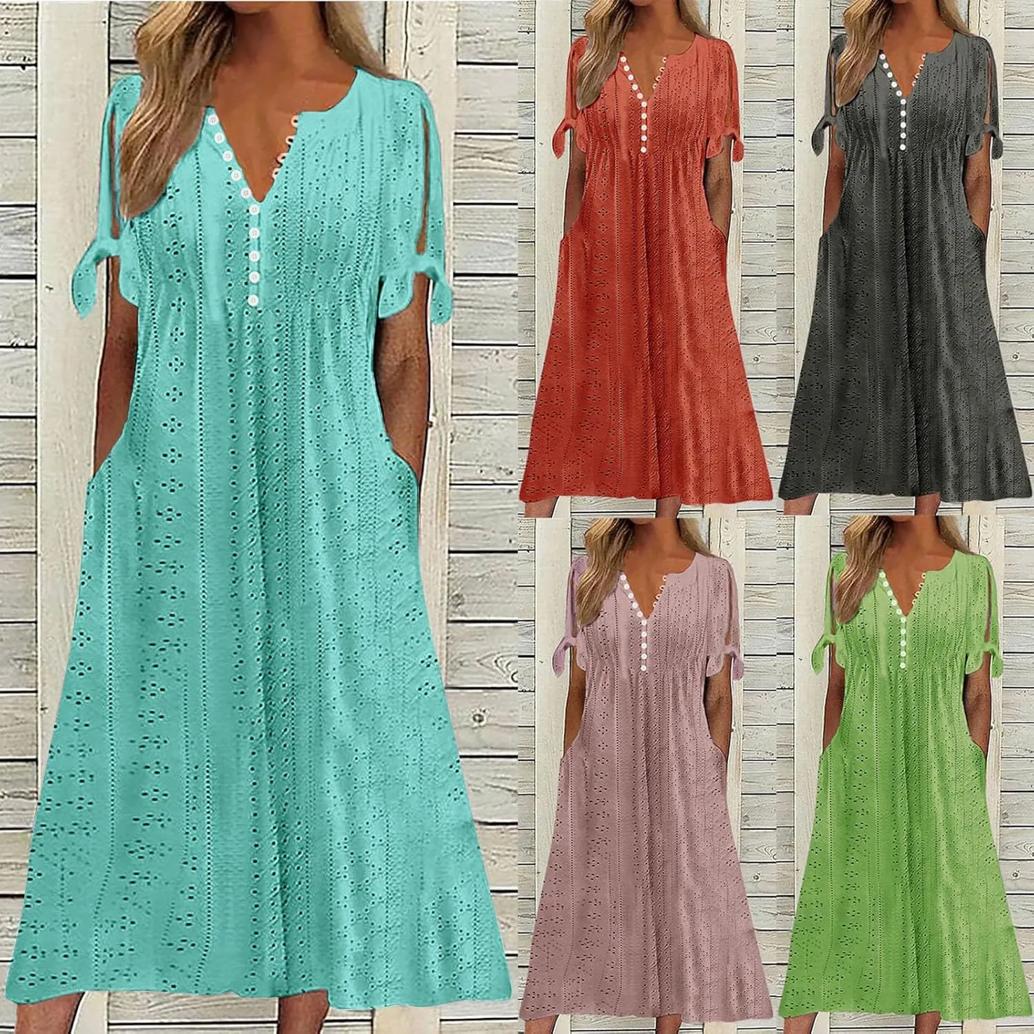Summer Eyelet Dresses for Women 2025 Trendy Short Sleeve Long Maxi Dress Casual Button V Neck Beach Sundresses