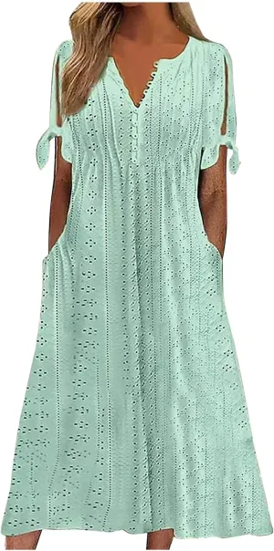 Summer Eyelet Dresses for Women 2025 Trendy Short Sleeve Long Maxi Dress Casual Button V Neck Beach Sundresses