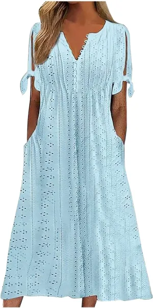 Summer Eyelet Dresses for Women 2025 Trendy Short Sleeve Long Maxi Dress Casual Button V Neck Beach Sundresses