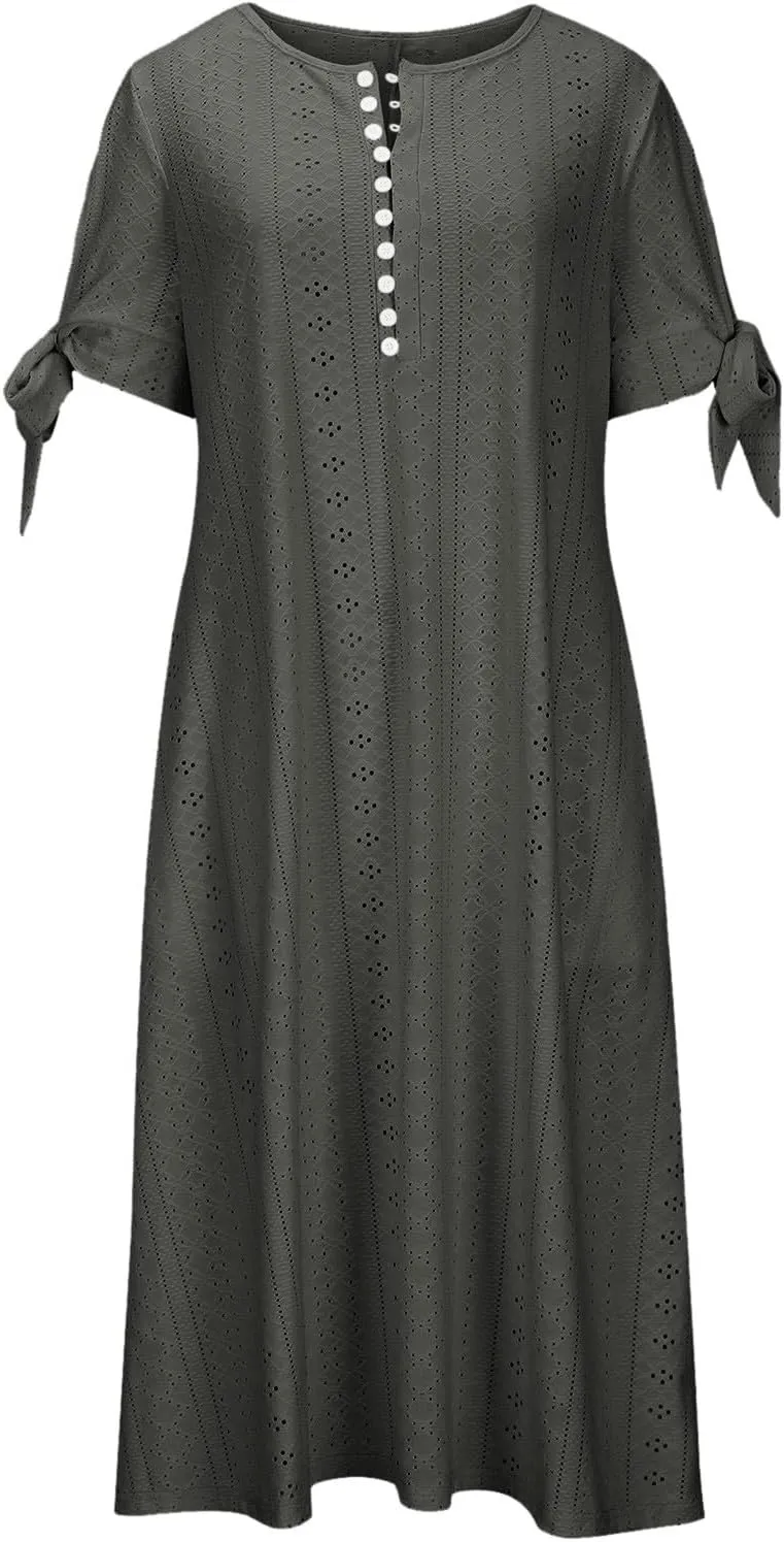Summer Eyelet Dresses for Women 2025 Trendy Short Sleeve Long Maxi Dress Casual Button V Neck Beach Sundresses