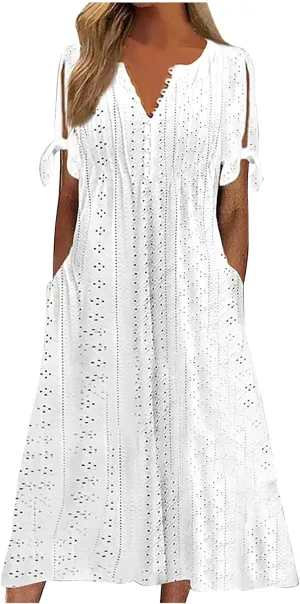 Summer Eyelet Dresses for Women 2025 Trendy Short Sleeve Long Maxi Dress Casual Button V Neck Beach Sundresses