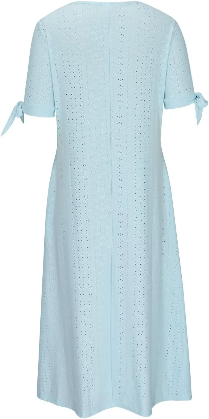 Summer Eyelet Dresses for Women 2025 Trendy Short Sleeve Long Maxi Dress Casual Button V Neck Beach Sundresses