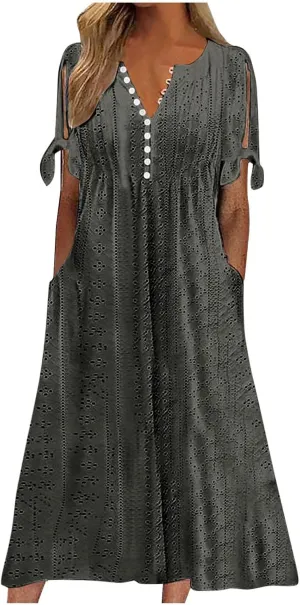 Summer Eyelet Dresses for Women 2025 Trendy Short Sleeve Long Maxi Dress Casual Button V Neck Beach Sundresses