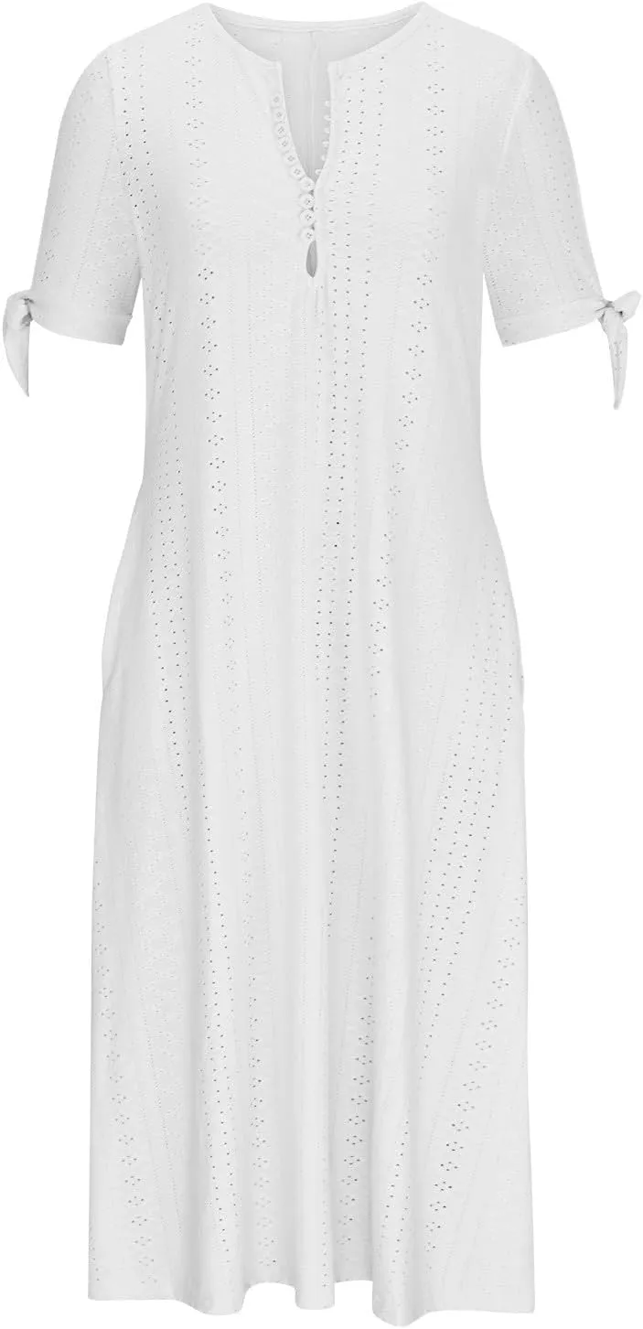 Summer Eyelet Dresses for Women 2025 Trendy Short Sleeve Long Maxi Dress Casual Button V Neck Beach Sundresses