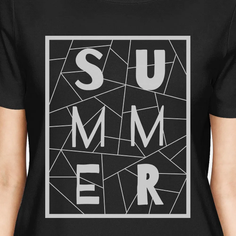Summer Geometric Lettering Womens Black Tshirt Cotton Trendy Design