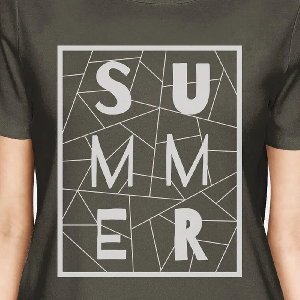Summer Geometric Womens Dark Grey Trendy Lettering Graphic Tshirt