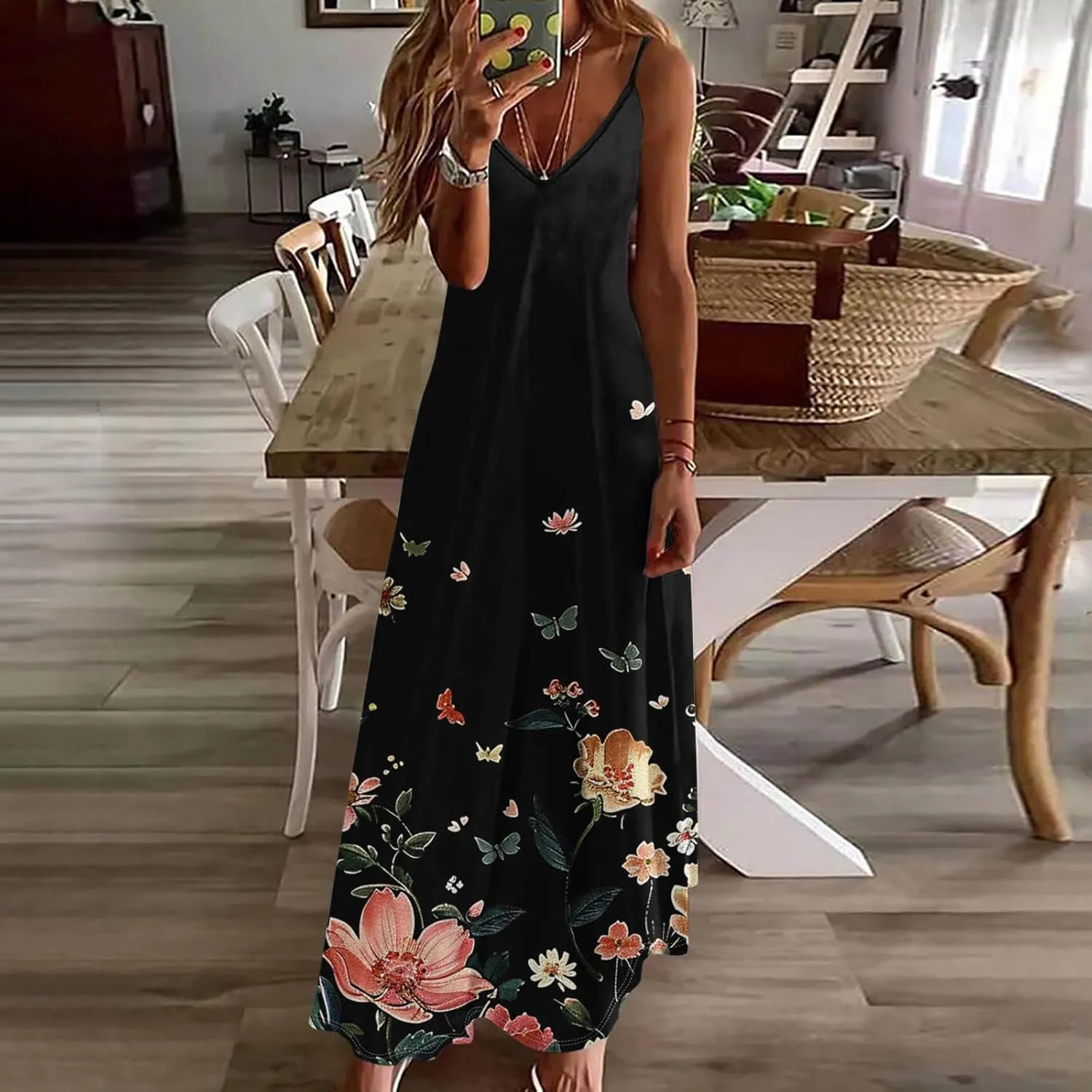 Summer Maxi Dresses for Women 2025 Casual Spaghetti Strape V Neck Sleeveless Dresses Floral Loose Fit Long Beach Dress