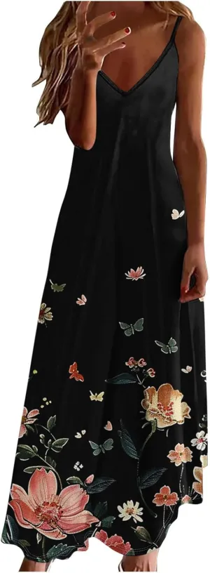 Summer Maxi Dresses for Women 2025 Casual Spaghetti Strape V Neck Sleeveless Dresses Floral Loose Fit Long Beach Dress