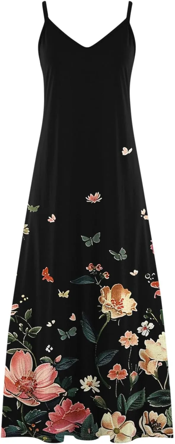 Summer Maxi Dresses for Women 2025 Casual Spaghetti Strape V Neck Sleeveless Dresses Floral Loose Fit Long Beach Dress