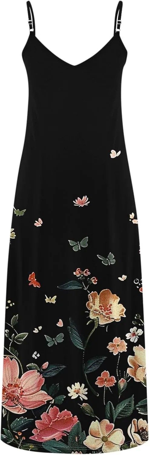 Summer Maxi Dresses for Women 2025 Casual Spaghetti Strape V Neck Sleeveless Dresses Floral Loose Fit Long Beach Dress